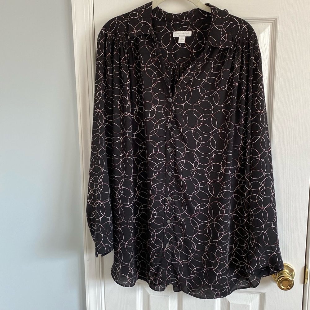 Charter Club Button Down Blouse Size 2X Black Multicolored Geo Circle Print